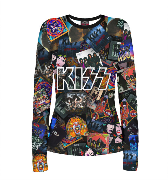 Женский лонгслив с притом Дискография KISS цвета Белый Женский лонгслив с изображением Дискография KISS цвета Белый