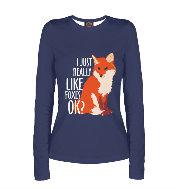 Женский лонгслив с притом Я просто люблю лисичек цвета Белый Женский лонгслив с изображением Я просто люблю лисичек цвета Белый