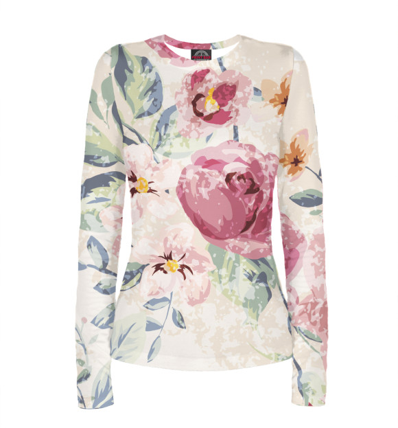 Женский лонгслив с изображением Крупные цветы цвета Белый