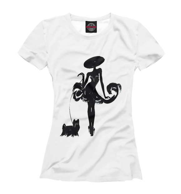 Женская футболка с изображением Девушка с собачкой цвета Молочно-белый