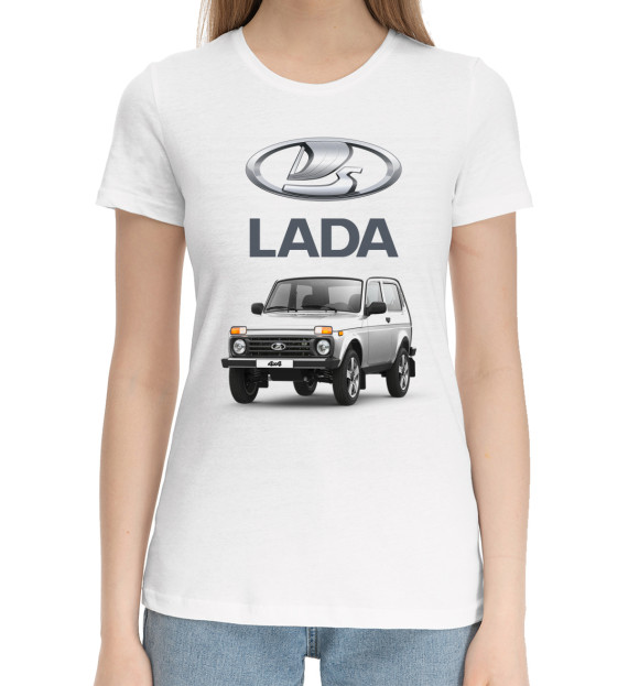 Женская хлопковая футболка с изображением Lada цвета Белый