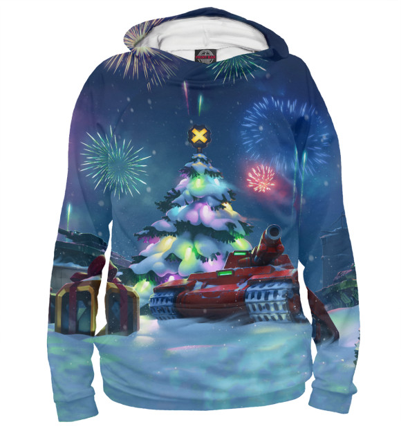 Мужское худи с изображением Новогодние танки цвета Белый