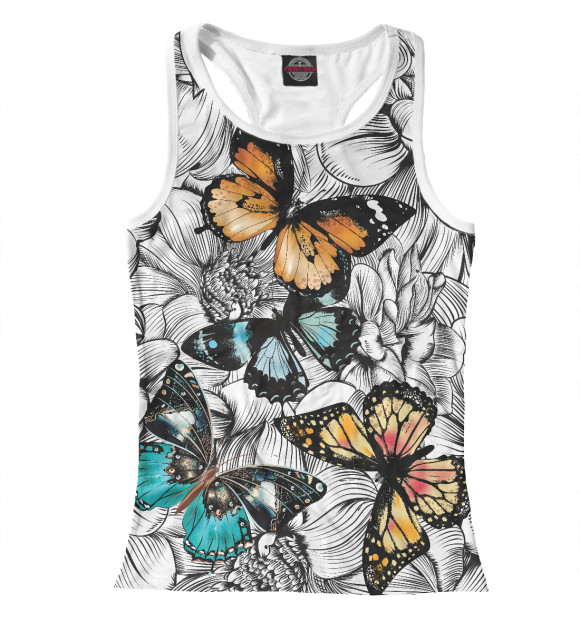 Женская майка-борцовка с изображением Цветные бабочки цвета Белый