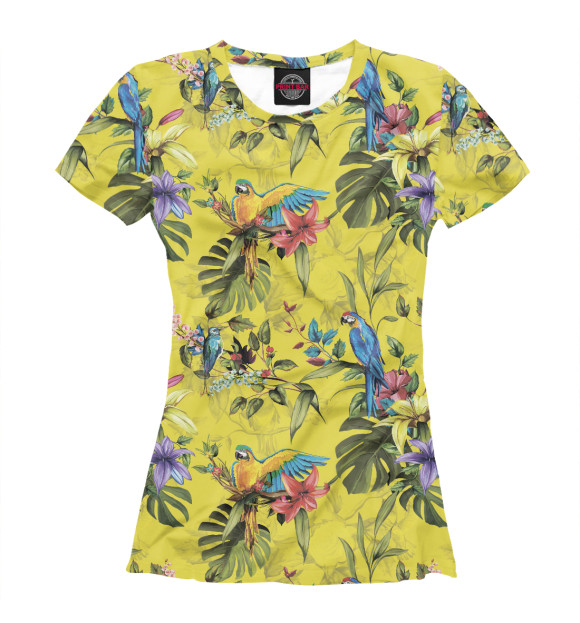 Женская футболка с изображением Попугаи в тропиках цвета Белый