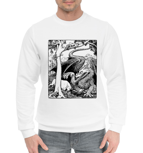 Мужской хлопковый свитшот с изображением Драгон цвета Белый