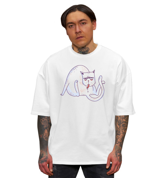 Мужская футболка оверсайз с изображением Кот умывается цвета Белый