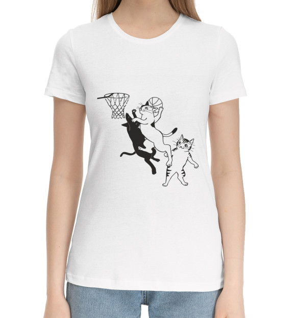 Женская хлопковая футболка с изображением Кошачий Баскетбол цвета Белый