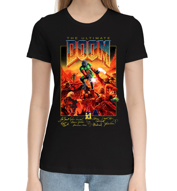 Женская хлопковая футболка с изображением Doom цвета Черный
