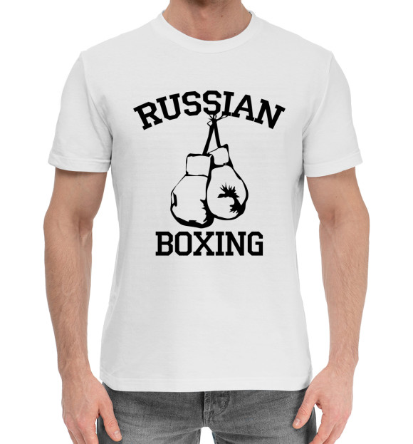 Мужская хлопковая футболка с изображением RUSSIAN BOXING цвета Белый