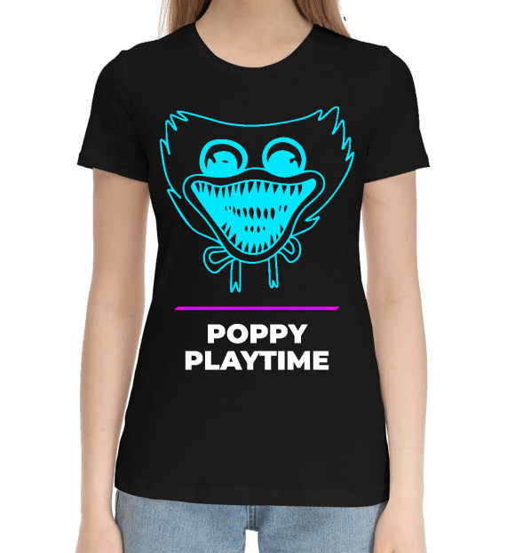 Женская хлопковая футболка с изображением Poppy Playtime Gaming Neon цвета Черный