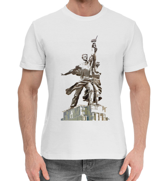 Мужская хлопковая футболка с изображением Рабочий и Колхозница цвета Белый