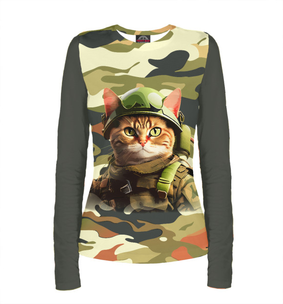 Женский лонгслив с изображением Кот военный цвета Белый