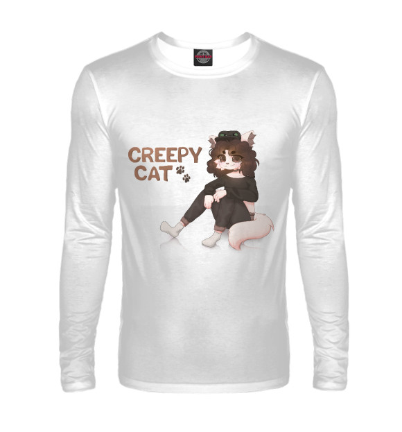 Мужской лонгслив с изображением Creepy cat цвета Белый