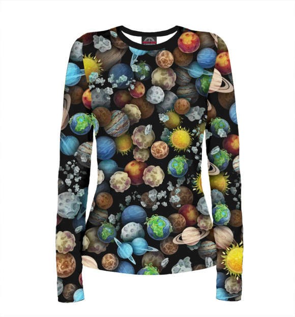 Женский лонгслив с изображением Парад планет цвета Белый