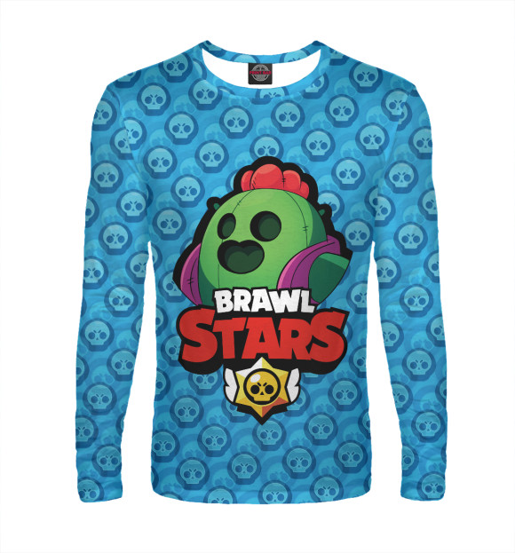 Мужской лонгслив с притом Brawl Stars Spike цвета Белый Мужской лонгслив с изображением Brawl Stars Spike цвета Белый