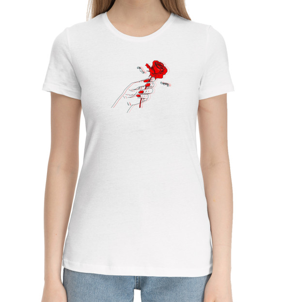 Женская хлопковая футболка с изображением Роза в руке цвета Белый