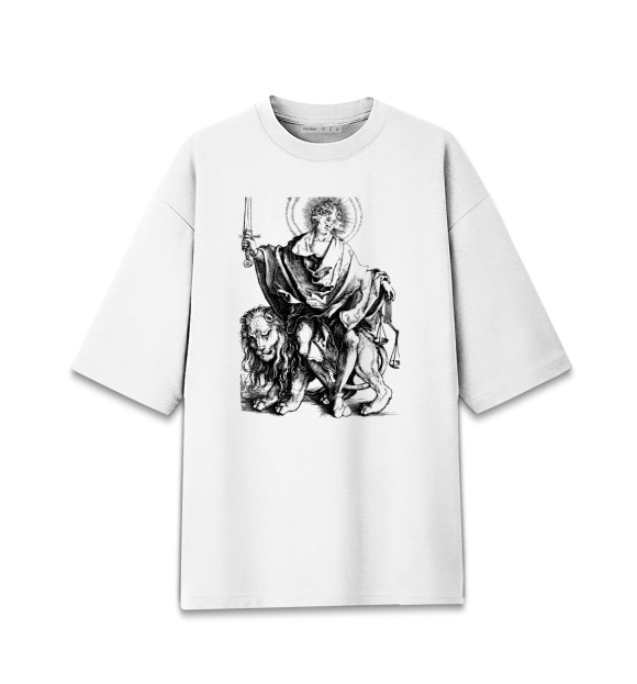 Мужская футболка оверсайз с притом Оседлавщий льва цвета Белый Мужская футболка оверсайз с изображением Оседлавщий льва цвета Белый