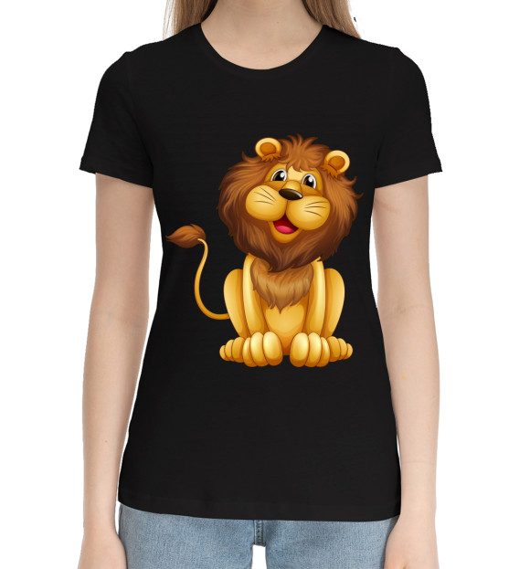 Женская хлопковая футболка с притом Львенок цвета Черный Женская хлопковая футболка с изображением Львенок цвета Черный