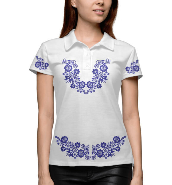 Женское поло с изображением Синий славянский узор цвета Белый