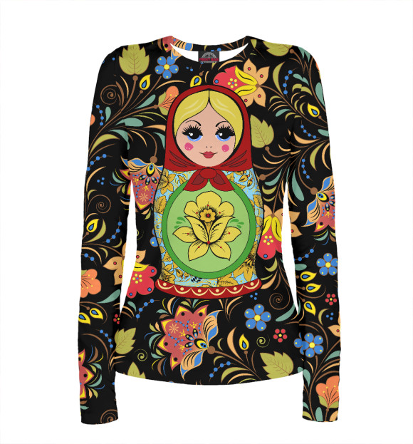 Женский лонгслив с притом Русская матрёшка в хохломском узоре цвета Белый Женский лонгслив с изображением Русская матрёшка в хохломском узоре цвета Белый