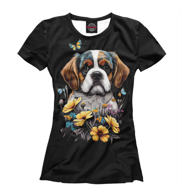 Женская футболка с изображением Бернский зенненхунд - щенок с цветами цвета Белый