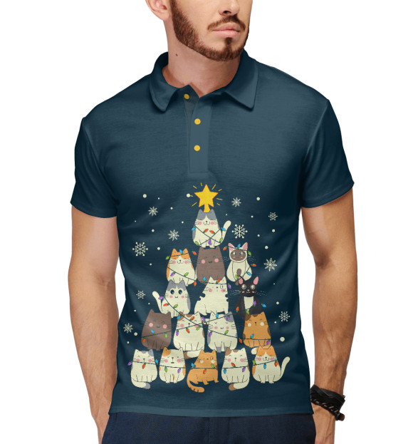 Мужское поло с изображением Елка из котиков цвета Белый