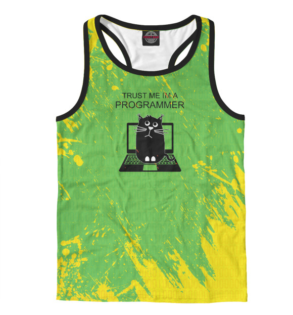 Мужская майка-борцовка с изображением Кот программист цвета Белый