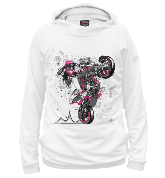 Женское худи с изображением Девушка на мотоцикле цвета Белый