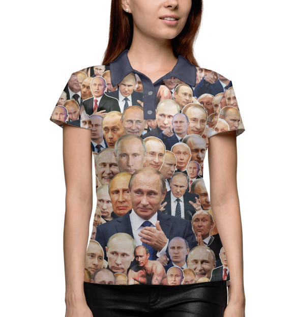 Женское поло с изображением Путин коллаж цвета Белый