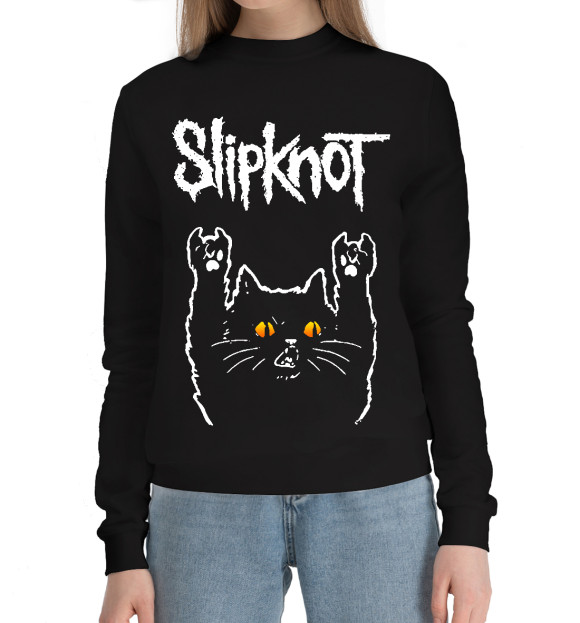 Женский хлопковый свитшот с изображением Slipknot Rock Cat цвета Черный