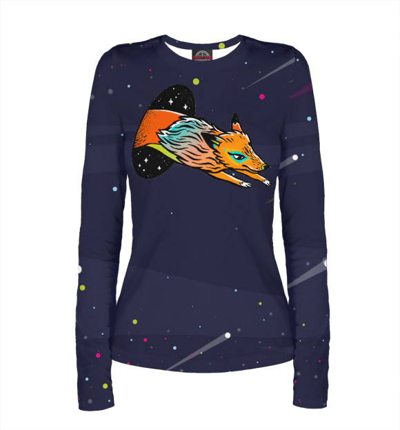 Женский лонгслив с притом Лиса и телепорт (двусторонняя) цвета Белый Женский лонгслив с изображением Лиса и телепорт (двусторонняя) цвета Белый