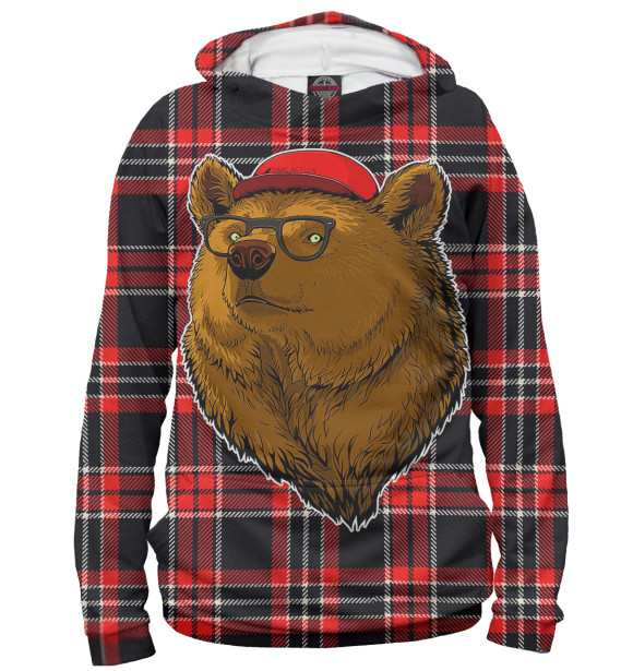 Мужское худи с изображением Медведь в очках и бейсболке цвета Белый