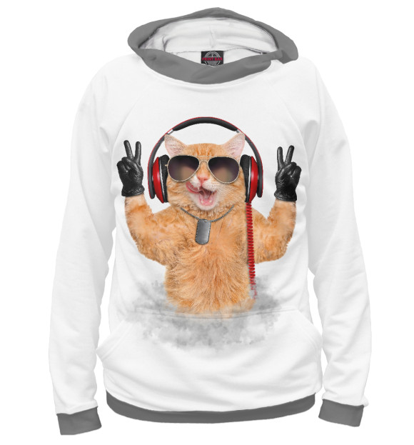 Женское худи с изображением Cat music lover цвета Белый