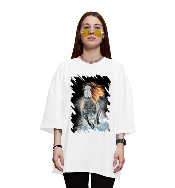 Женская футболка оверсайз с изображением Лошади цвета Белый