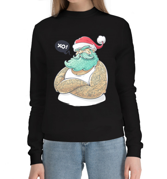 Женский хлопковый свитшот с изображением Santa Hipster цвета Черный