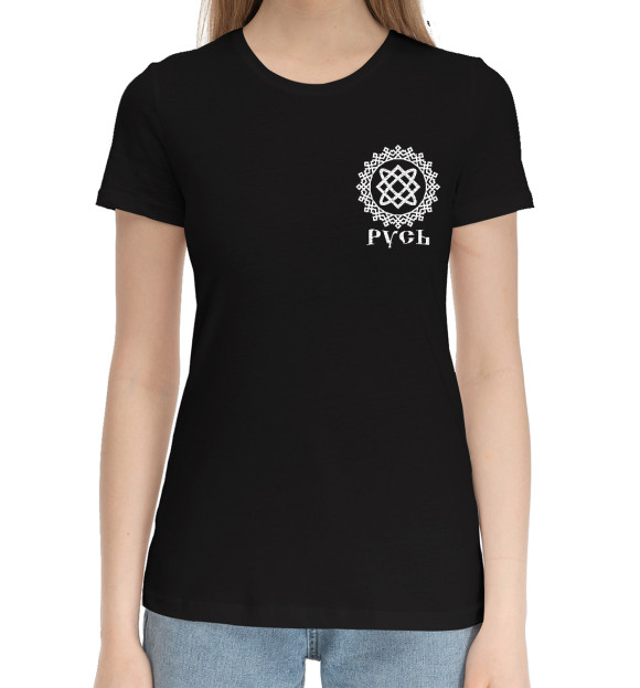 Женская хлопковая футболка с изображением Славянская символика / Русь цвета Черный