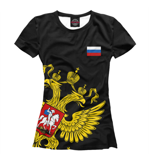 Женская футболка с изображением Россия Флаг и Герб цвета Белый