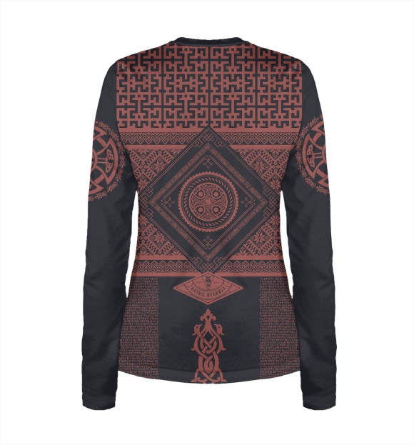 Женский лонгслив с притом Славянская обережная вязь цвета Белый Женский лонгслив с изображением Славянская обережная вязь цвета Белый