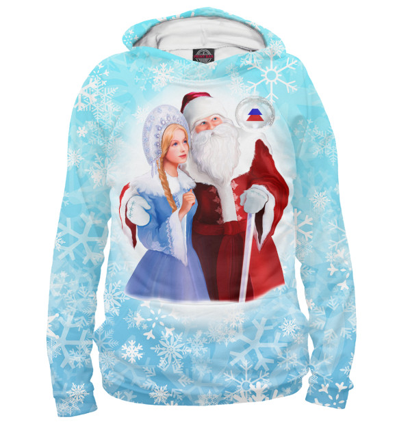 Мужское худи с изображением Русские Дед Мороз и Снегурочка цвета Белый