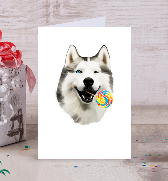 Рождественская открытка с хаски. симпатичная собака в мультяшном стиле.