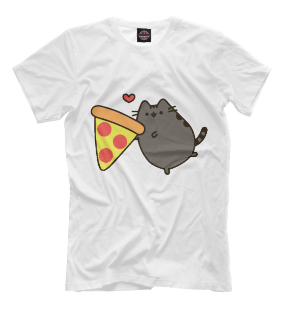 Мужская футболка с изображением Кот с кусочком пиццы цвета Молочно-белый
