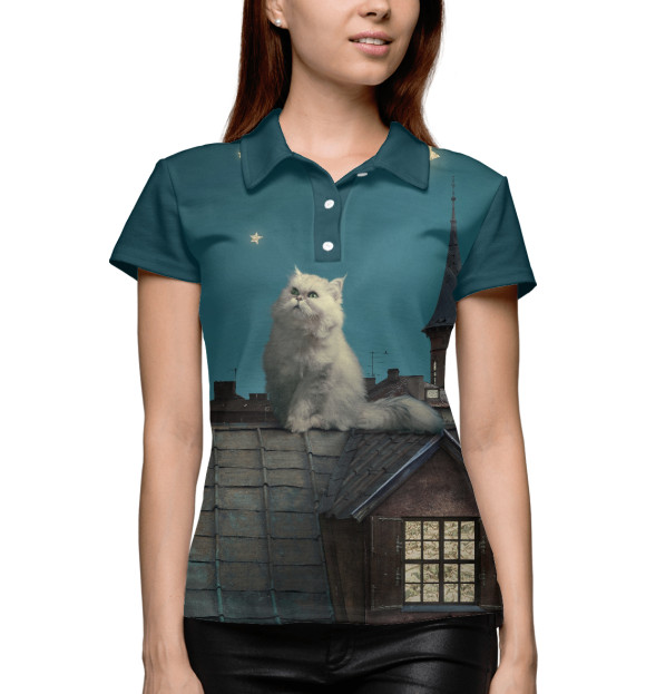 Женское поло с изображением Кот цвета Белый