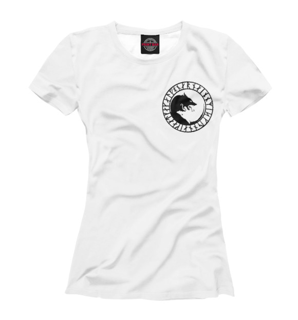 Женская футболка с изображением Волк и руны цвета Белый