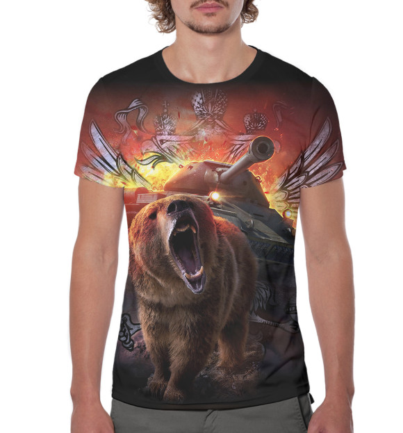 Мужская футболка с изображением Медведь и танк цвета Белый