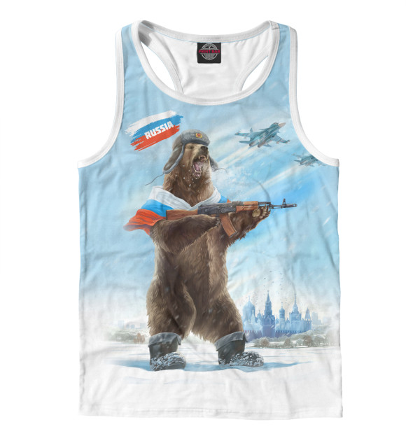 Мужская майка-борцовка с притом Русский медведь с калашом цвета Белый Мужская майка-борцовка с изображением Русский медведь с калашом цвета Белый