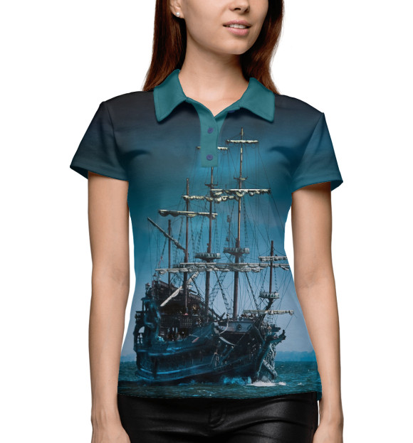 Женское поло с изображением Военный парусный корабль цвета Белый