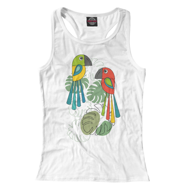 Женская майка-борцовка с изображением Попугаи и листья монстеры. цвета Белый