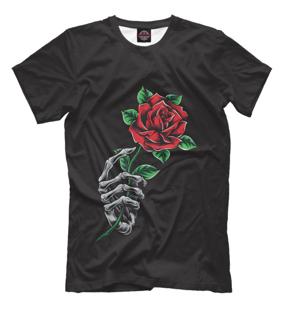 Мужская футболка с изображением Роза в руке скелета цвета Белый