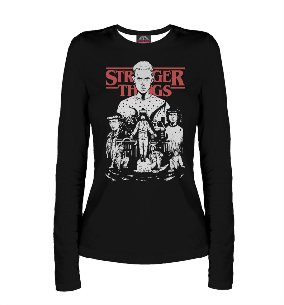 Женский лонгслив с изображением Stranger Things (черный фон) цвета Белый