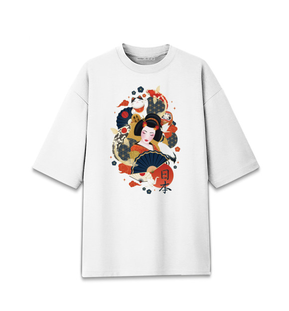 Мужская футболка оверсайз с изображением Гейша цвета Белый